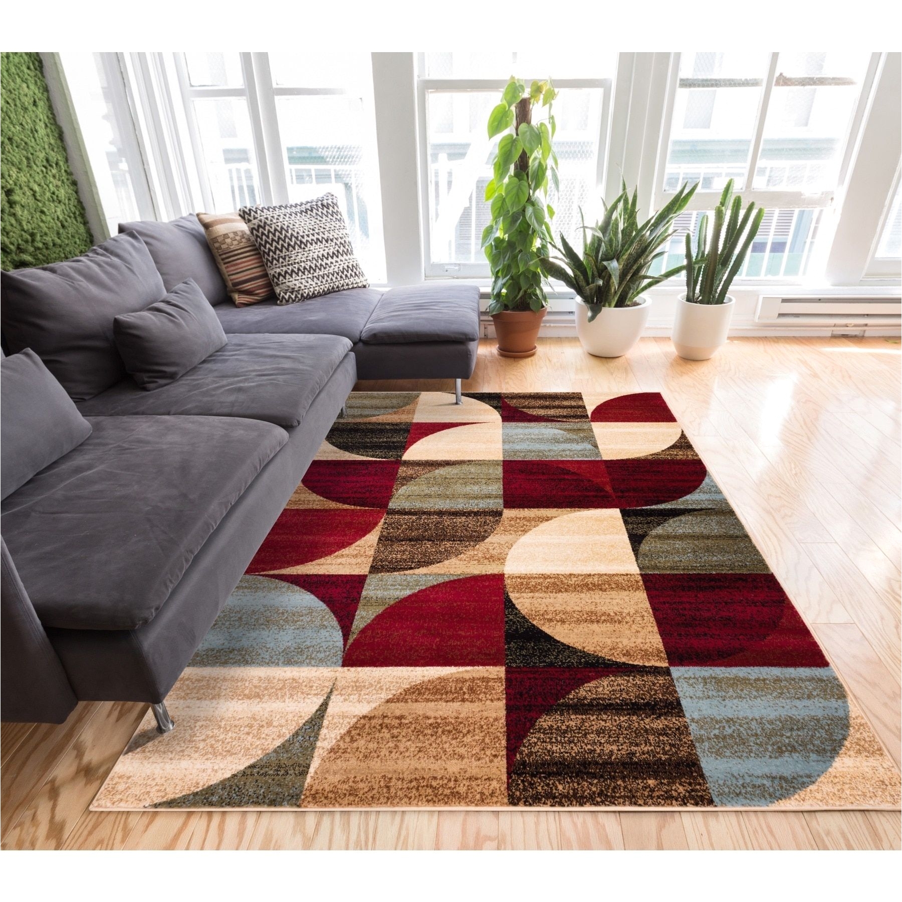 geometric abstract patchwork modern shapes ivory beige red blue and brown area rug x
