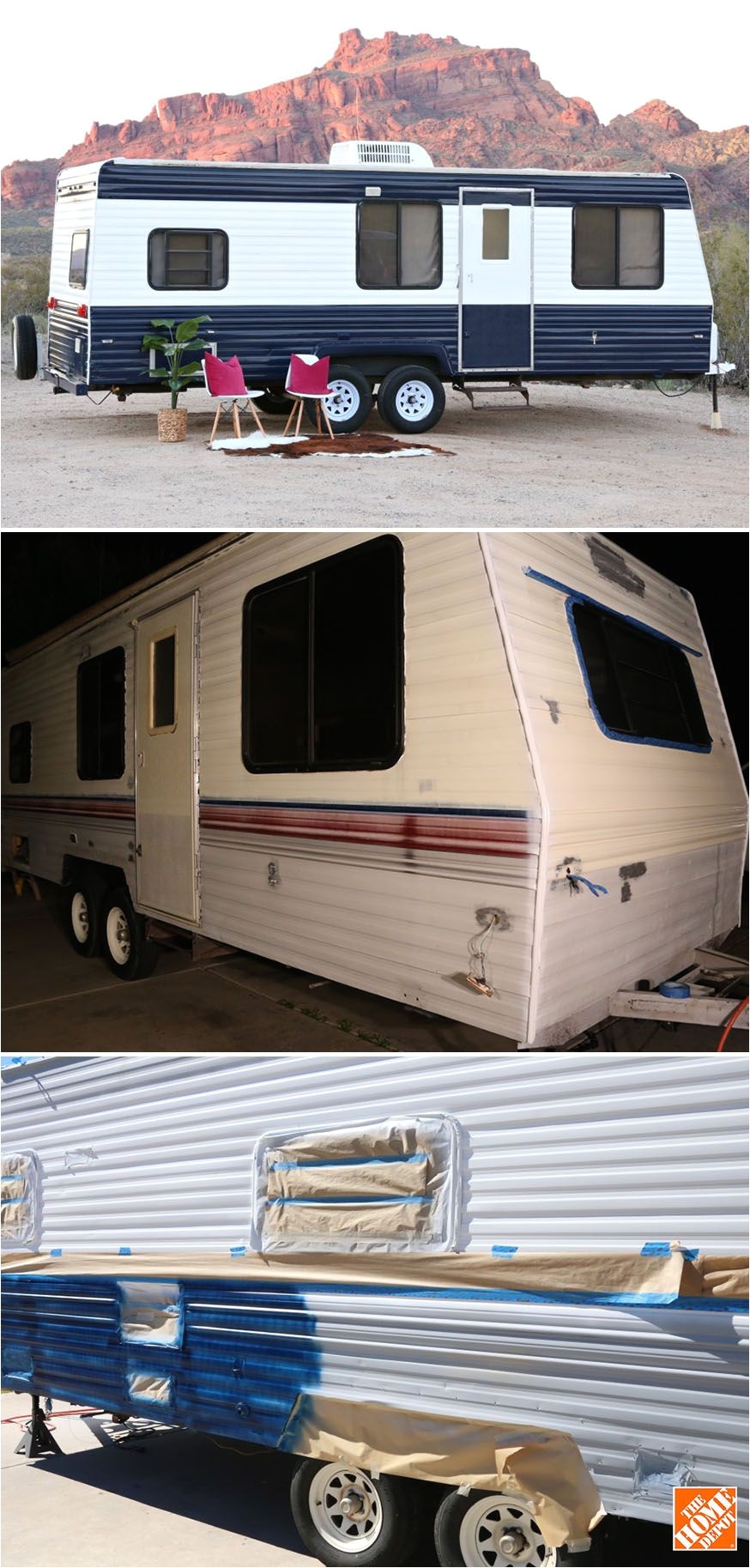 this cool travel trailer had some miles on it but it was still in good shape a new paint job was part of a full makeover of this camper by mallory and