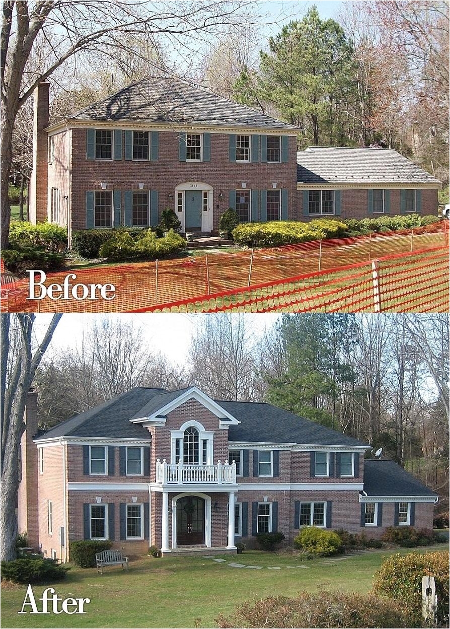 before after of a georgian colonial a master suite addition was added above the garage a front porch addition and a kitchen addition