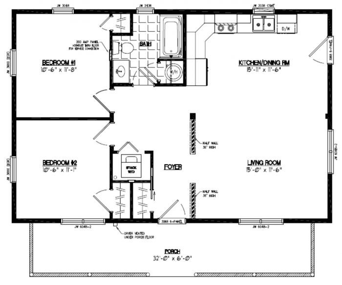 24 X 36 2 Bedroom House Plans