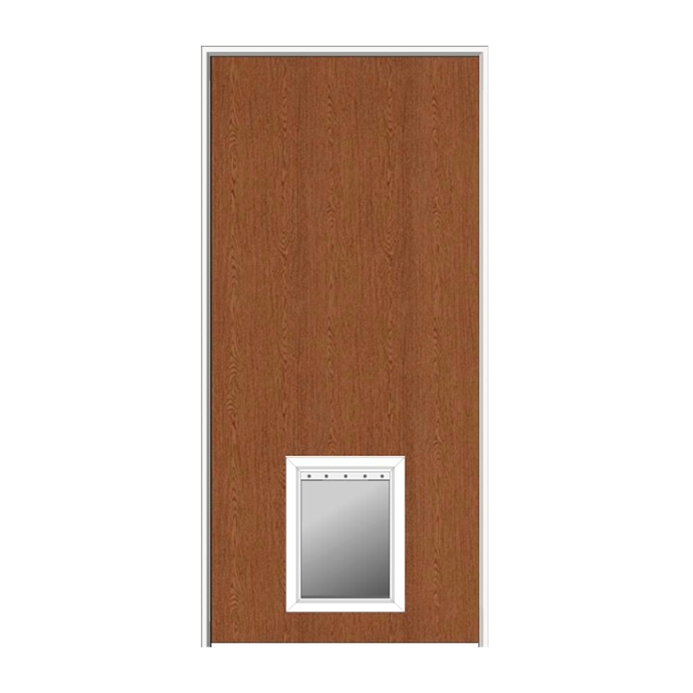 mmi door 32 in x 80 in 1 3 4 in thick flush right hand solid core unfinished red oak single prehung interior door w pet door z0364451r the home depot