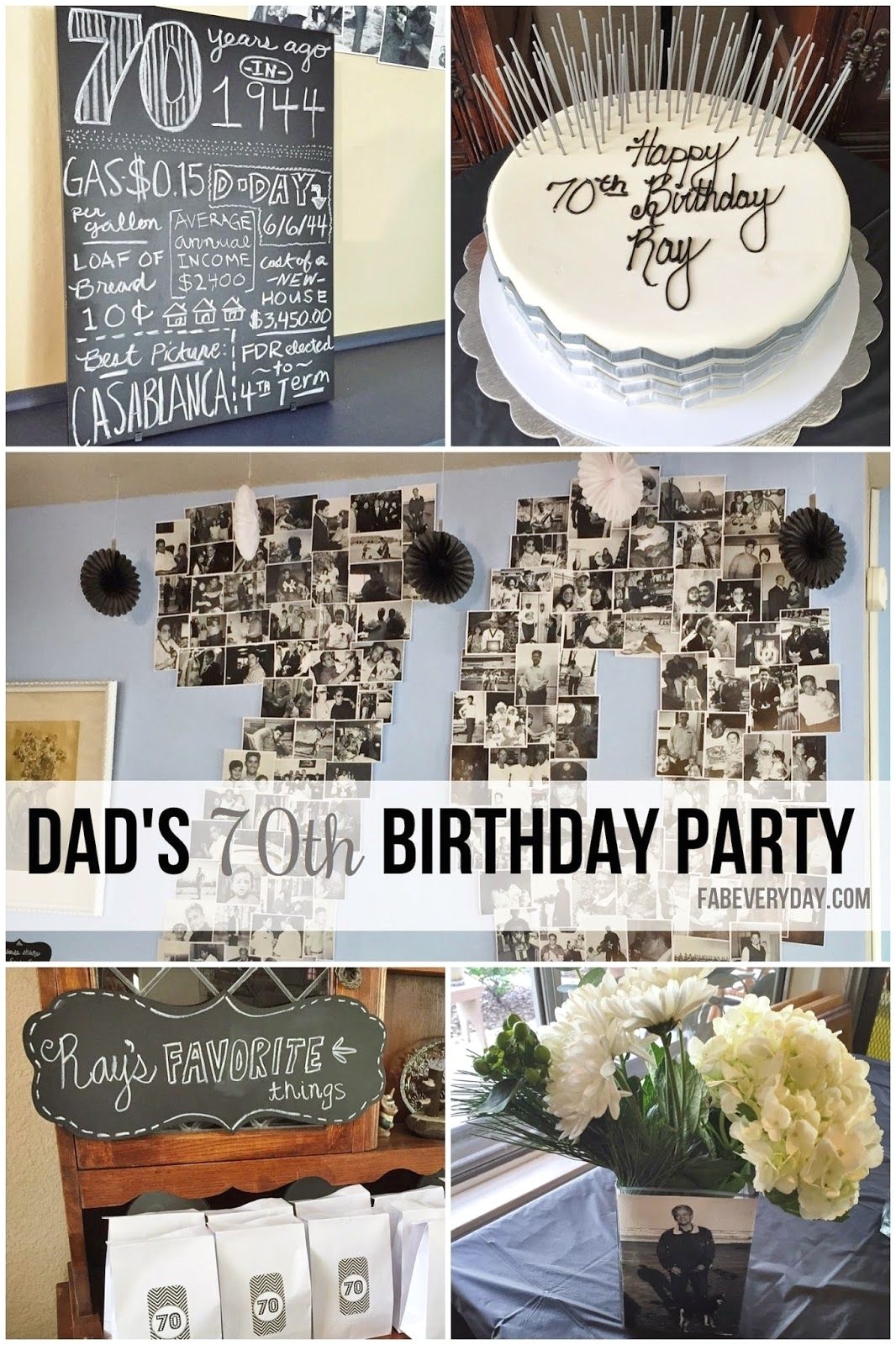 details from dad s milestone 70th birthday party decor black white and gray chevron color scheme click or visit fabeveryday com for more planning