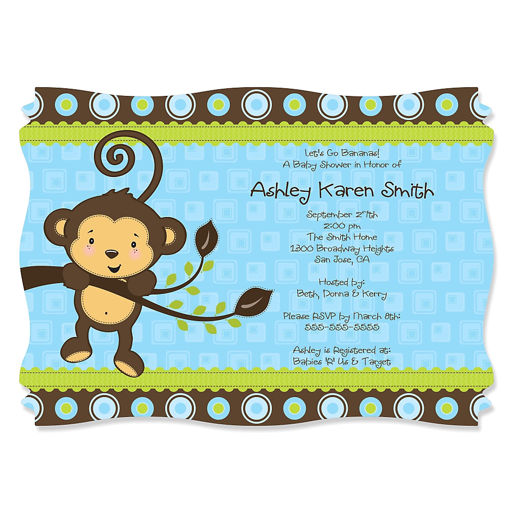 blue monkey boy personalized baby shower invitations set of 12