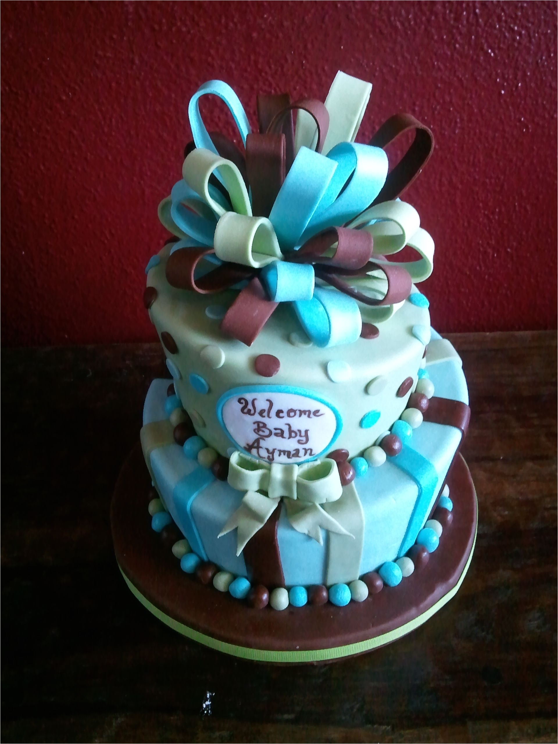 blue green brown baby shower cake