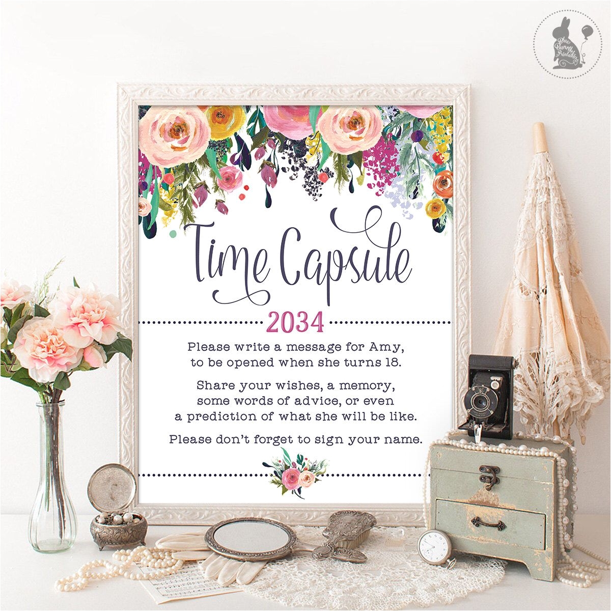 time capsule floral baby shower table sign decoration girls first birthday decor cottage chic garden baby shower digital printable