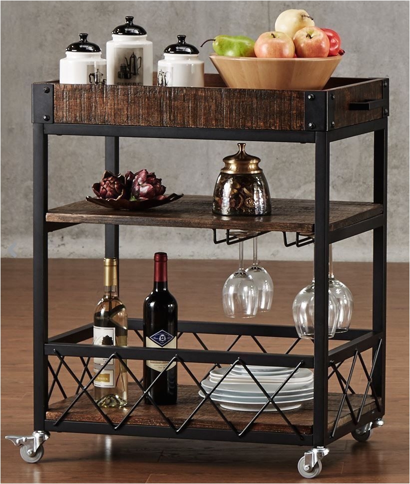 rustic rolling wine serving cart bar portable utility table brown tray wood rack tribeccahome