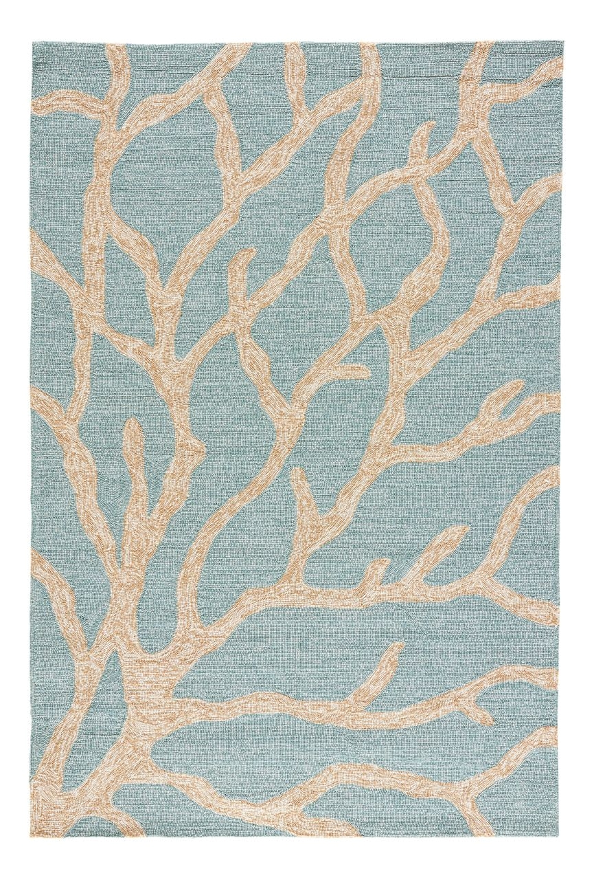 lovely durable indoor outdoor teal and beige ivory coral themed coastal area rug perfect to anchor any outdoor seaside living space