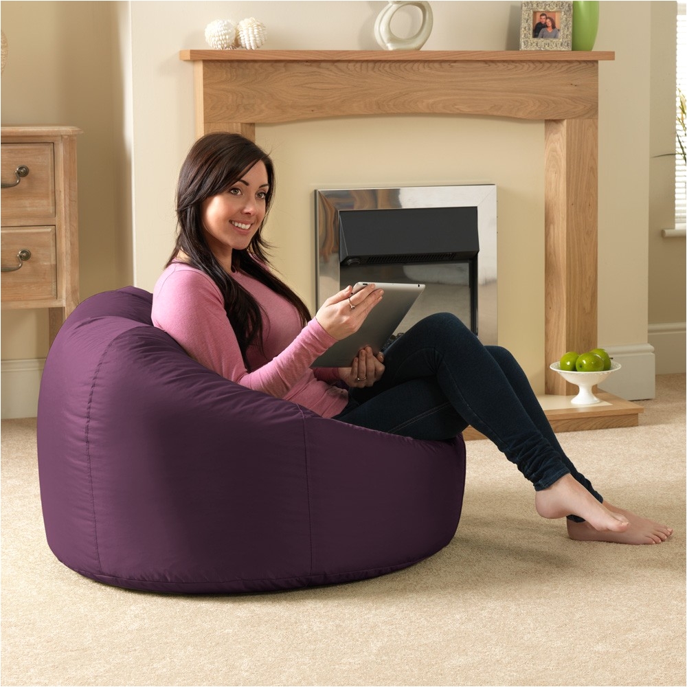 woman sat on mulberry purple bean bags