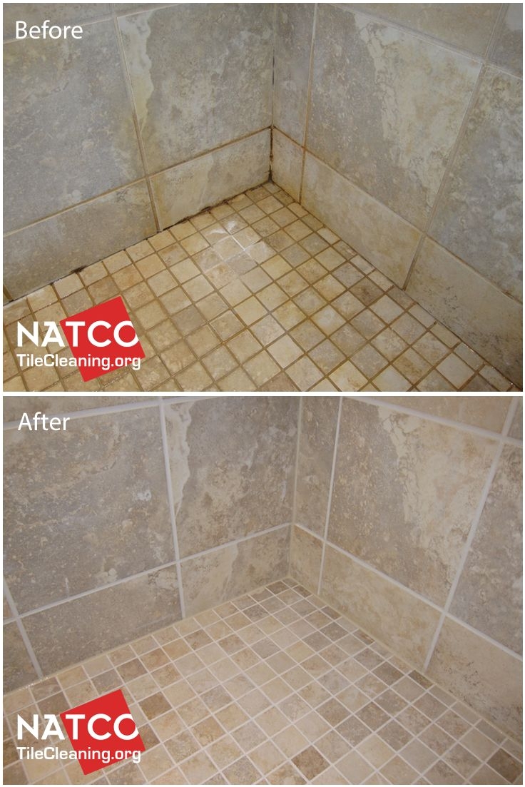 cleaning and colorsealing grout on a tile shower floor and walls