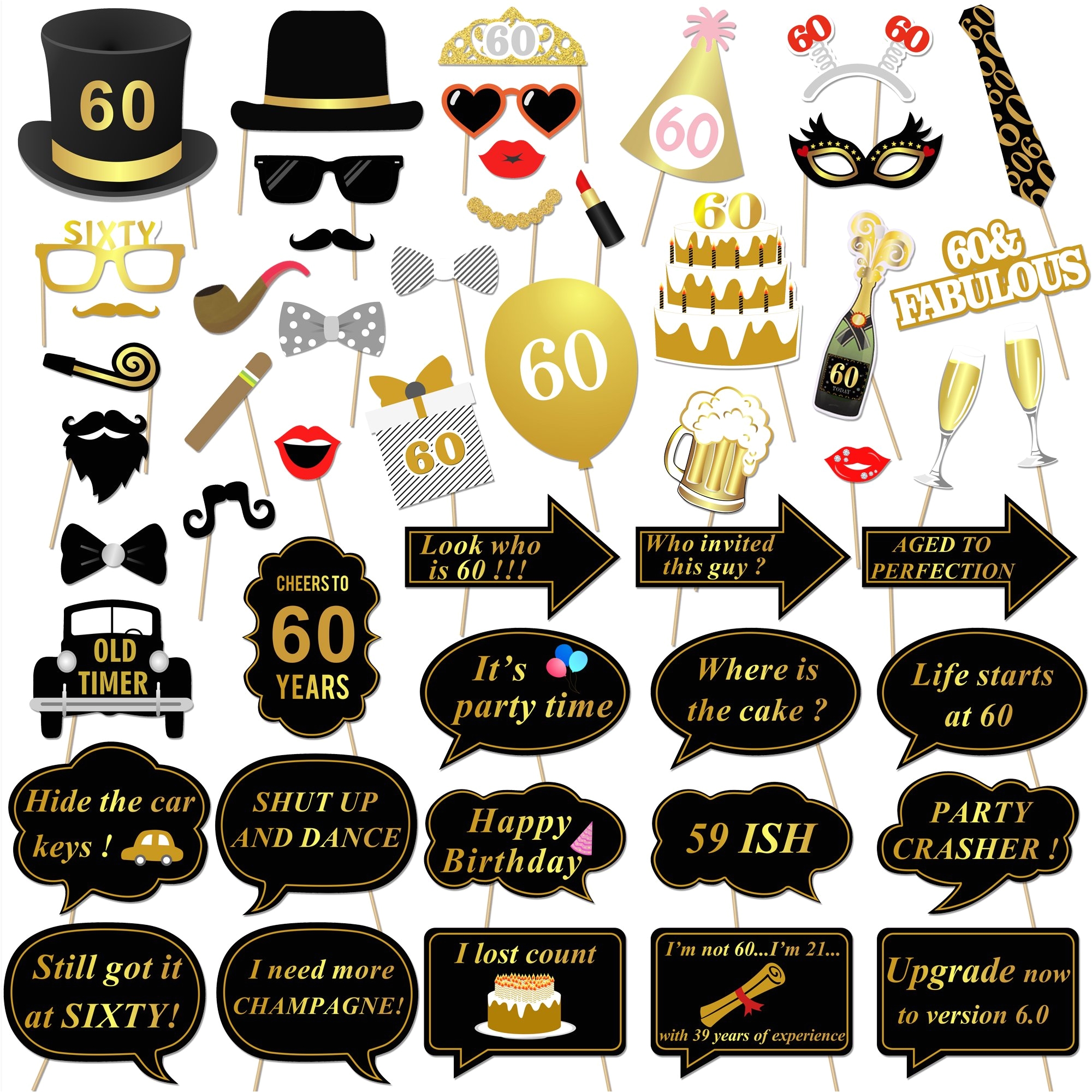 konsait 60th birthday party photo booth props 51count for her him 60th birthday gold