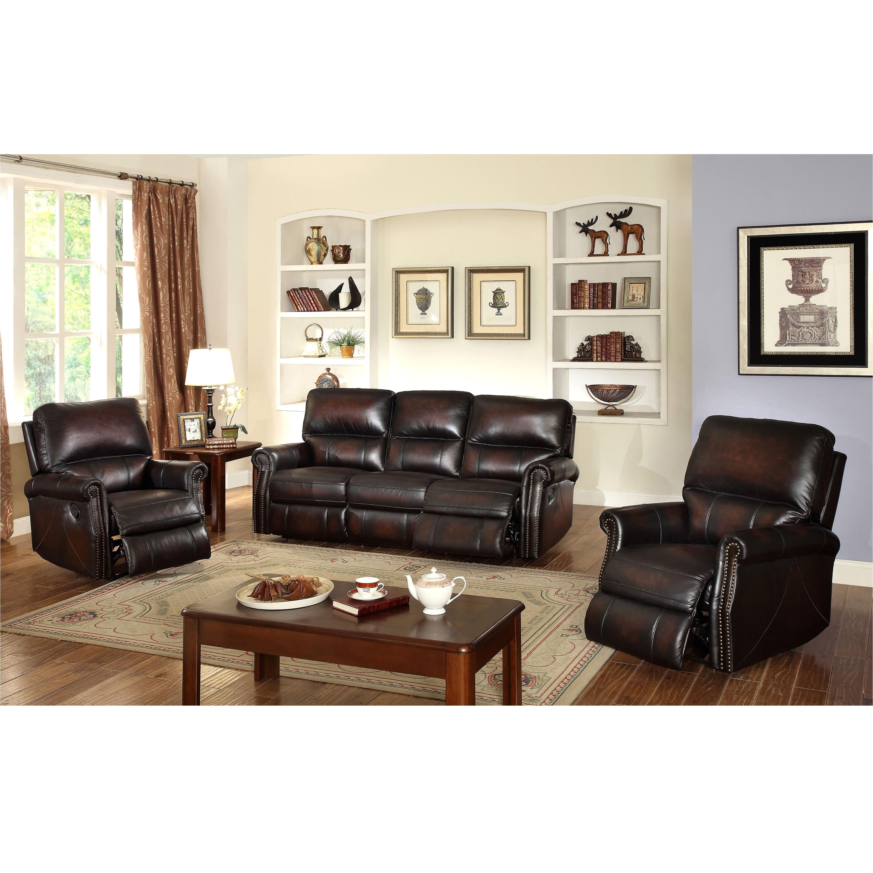 shop crestview dark brown top grain leather lay flat reclining sofa and two recliner chairs on sale free shipping today overstock com 9556560