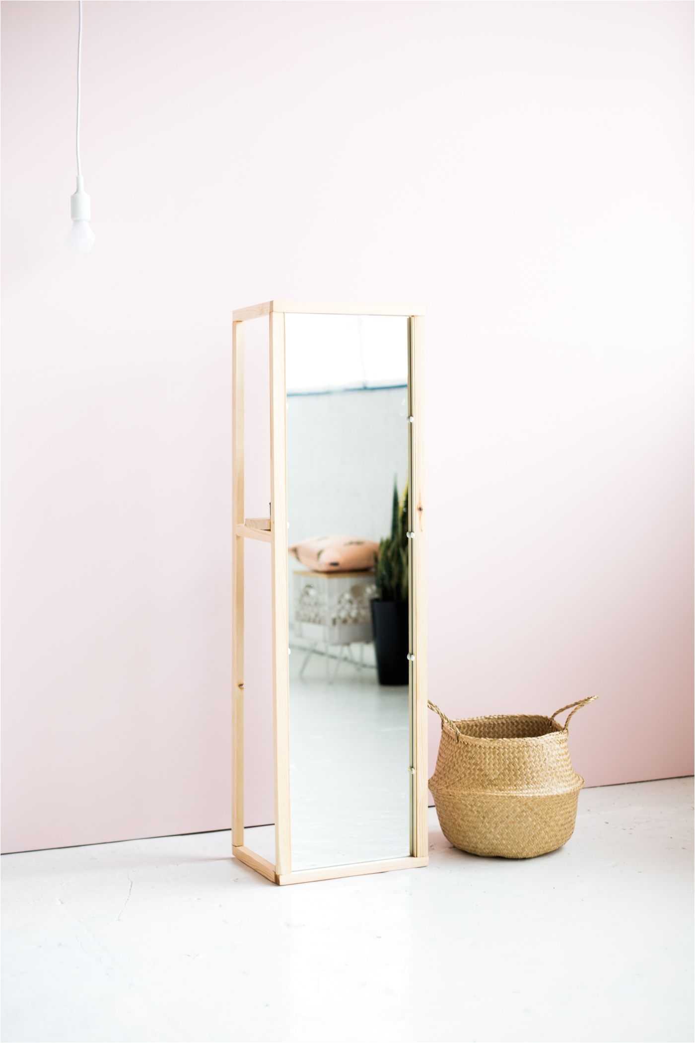 diy wooden floor standing mirror with the most useful shelf