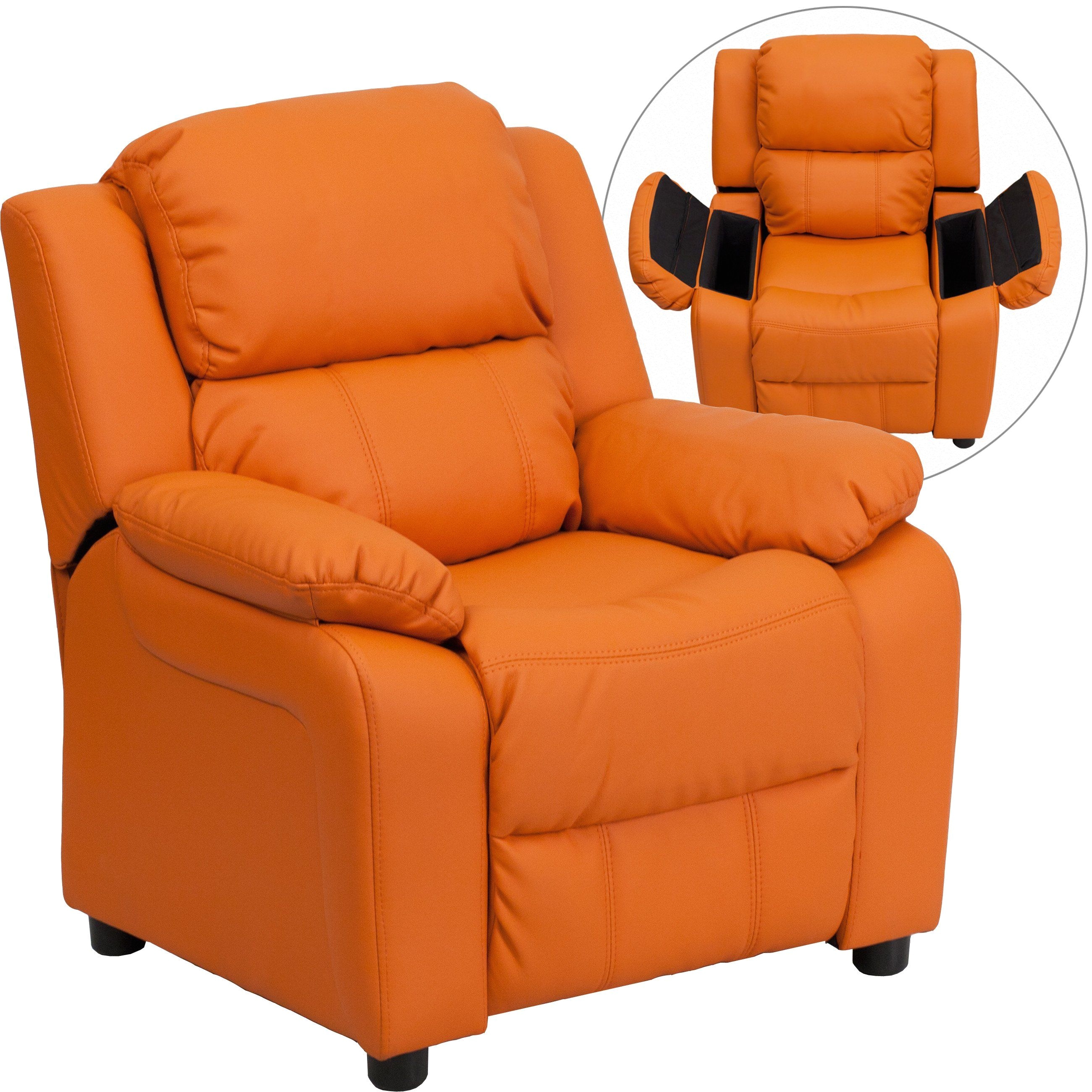 Cheap toddler Recliner Chairs Deluxe Padded Contemporary orange Vinyl Kids Recliner with Storage