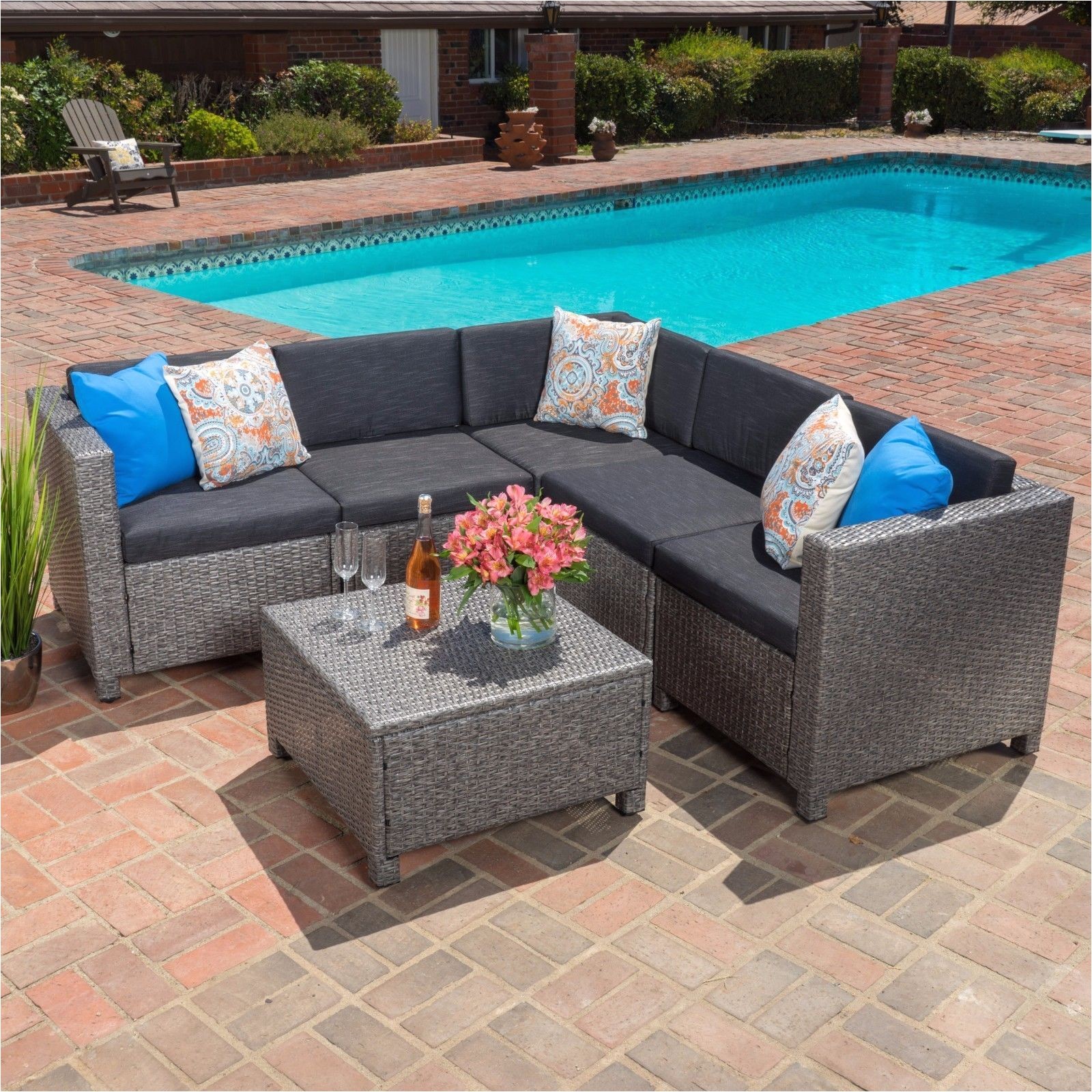 outdoor wicker v shaped sectional set with cushion grey