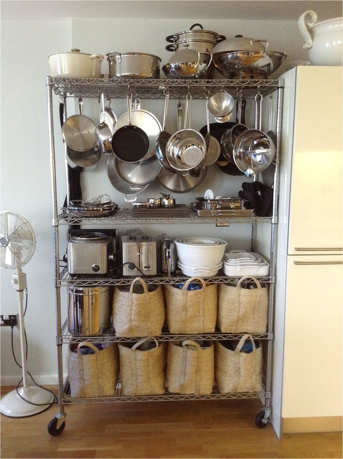 hang pots and pans from bakers rack