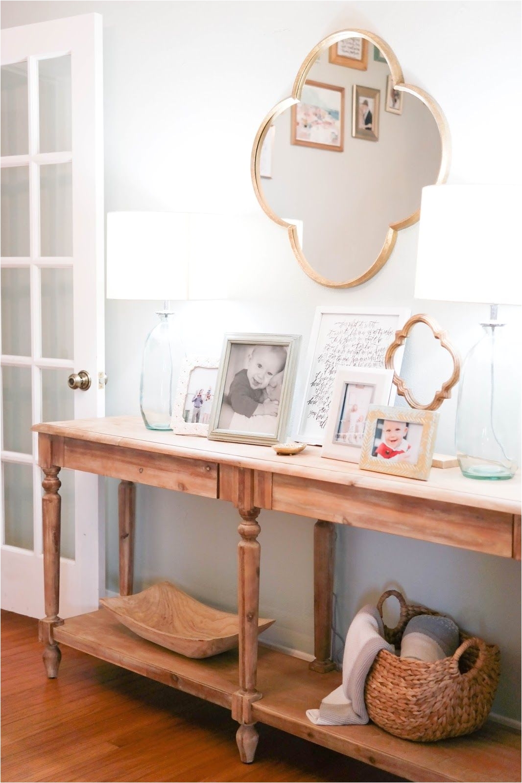 wood clover on a stand from target everett foyer table from world market the lamps quatrefoil mirror