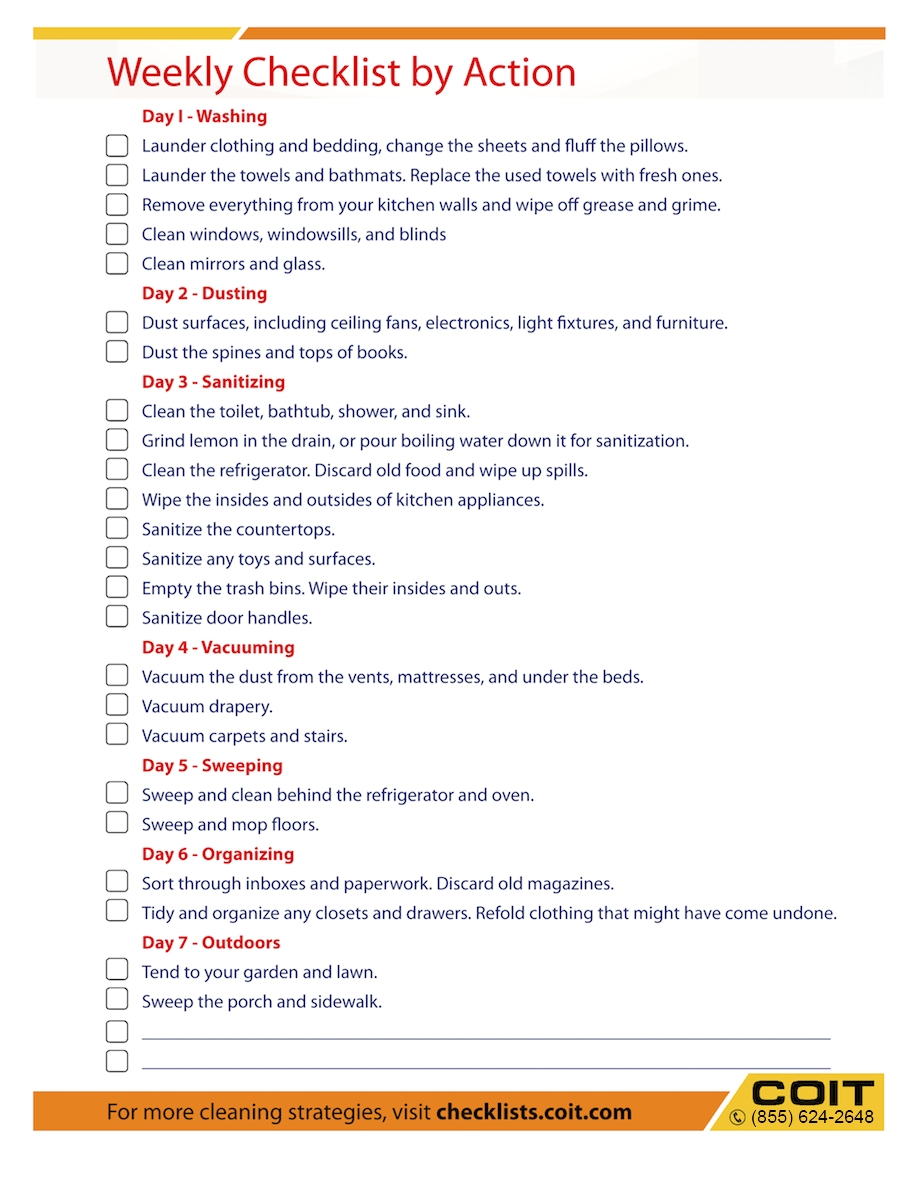 view large a weekly cleaning checklist by action