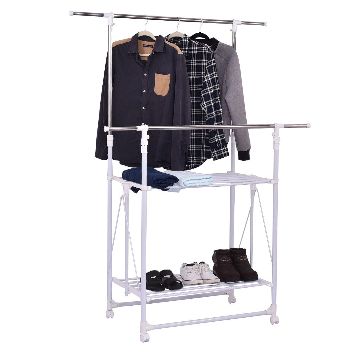 double rail folding adjustable rolling clothes rack hanger w 2 shelves