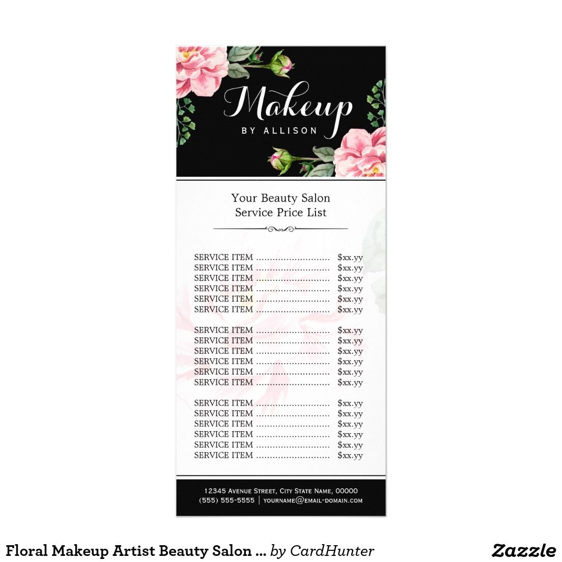 Common Rack Card Sizes Floral Makeup Artist Beauty Salon Girly Price List Rack Card