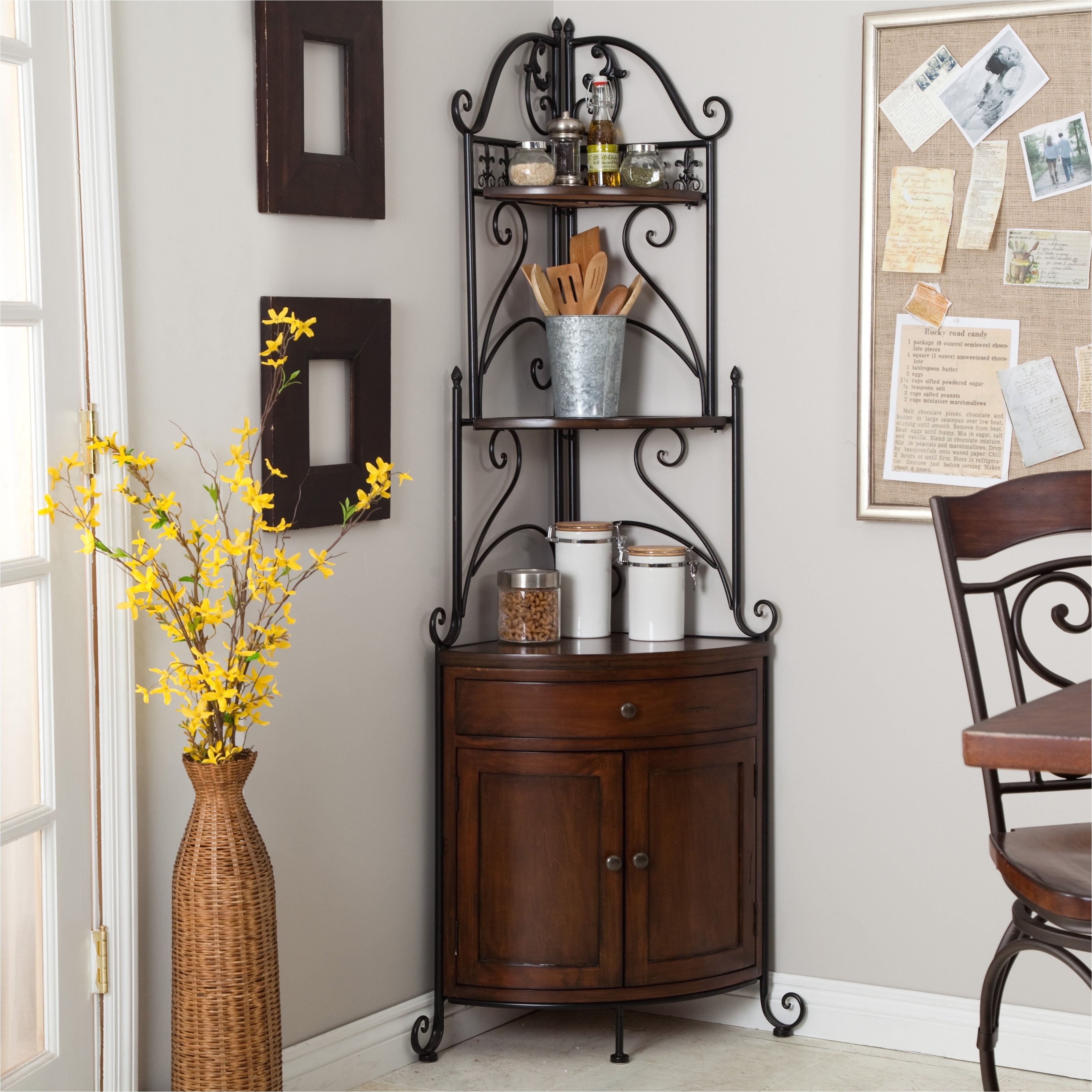 corner bakers rack with wine storage