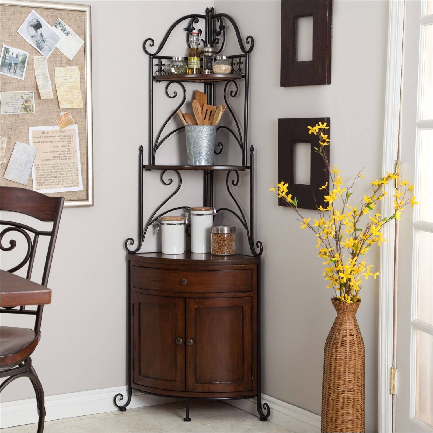 corner bakers rack with wine storage