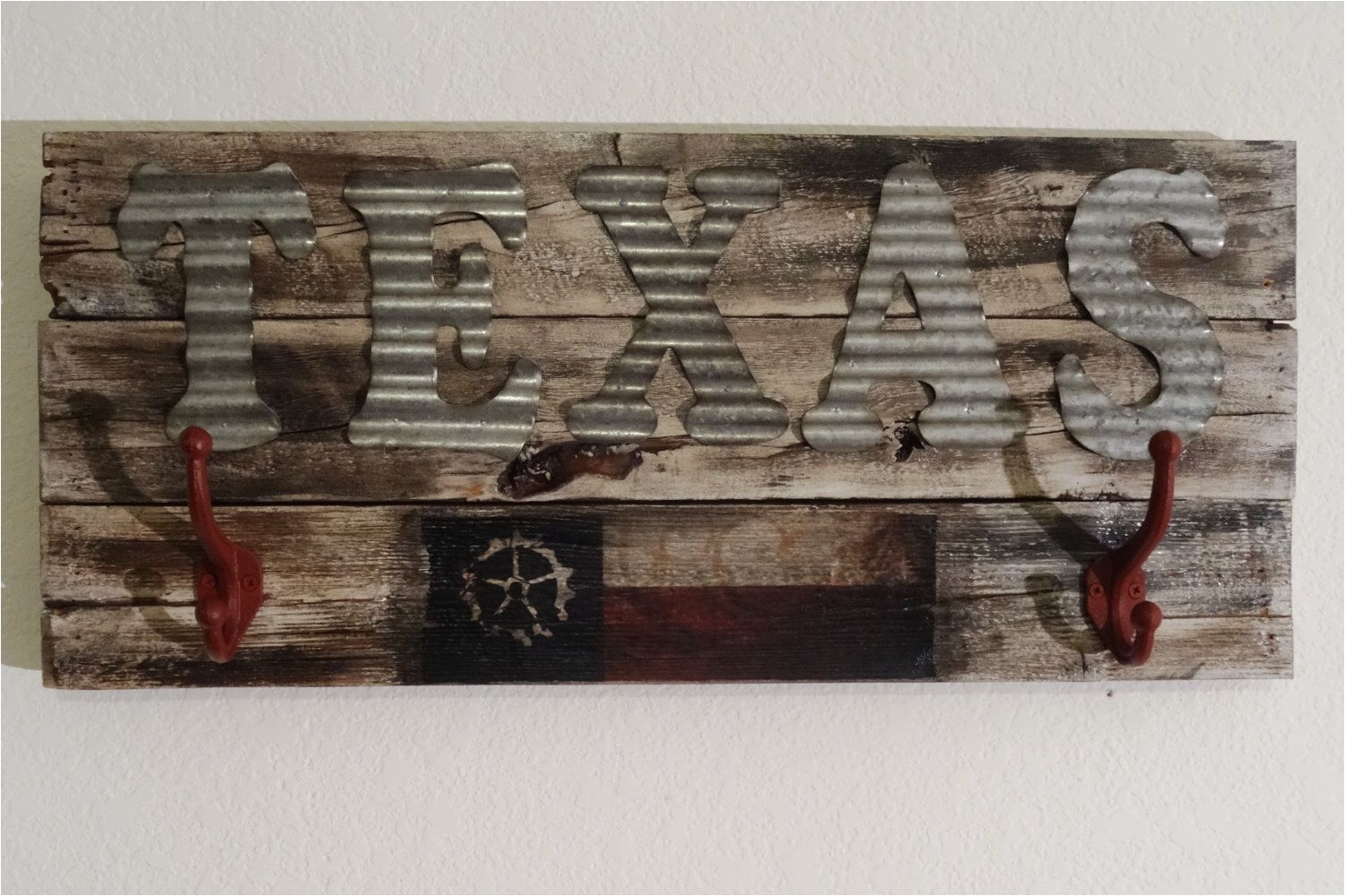 reclaimed wood sign rustic corrugated tin letters with texas flag and coat hooks