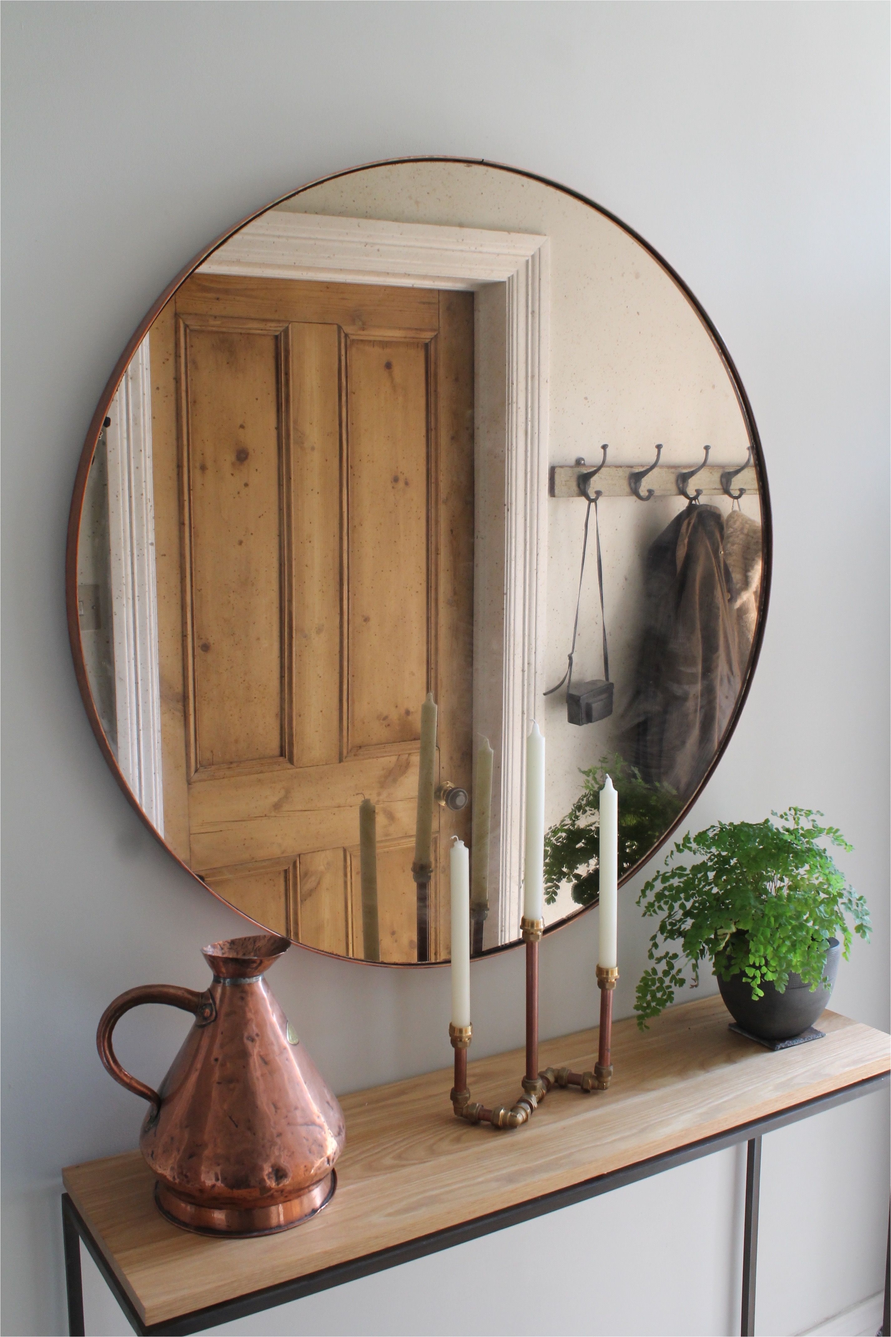 hallway furniture copper mirror over steel and oak console table by studio rae more