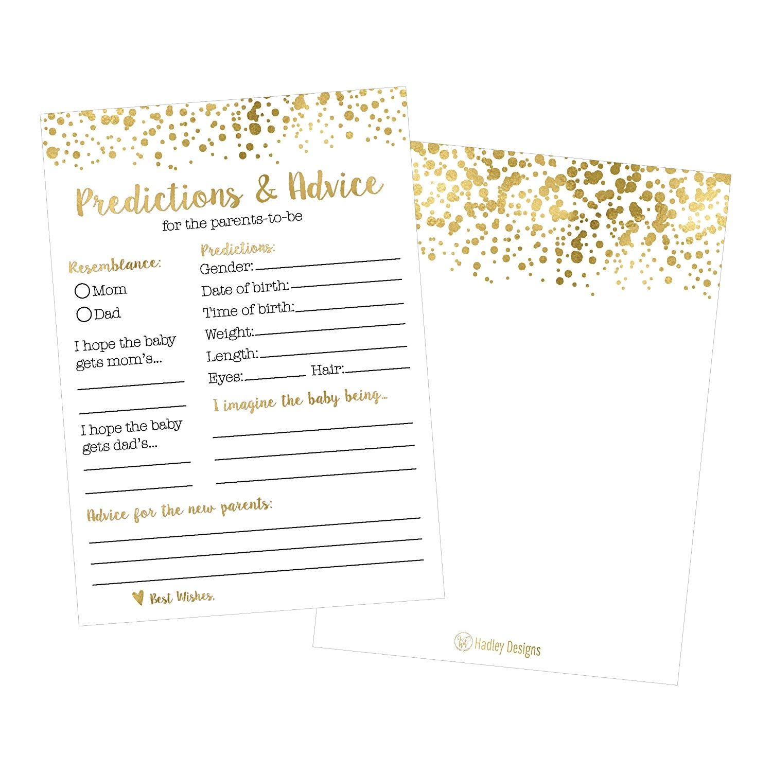 amazon com 50 gold polka dot advice and prediction cards for baby shower game new mom dad card or mommy daddy to be girl or boy babies new parent