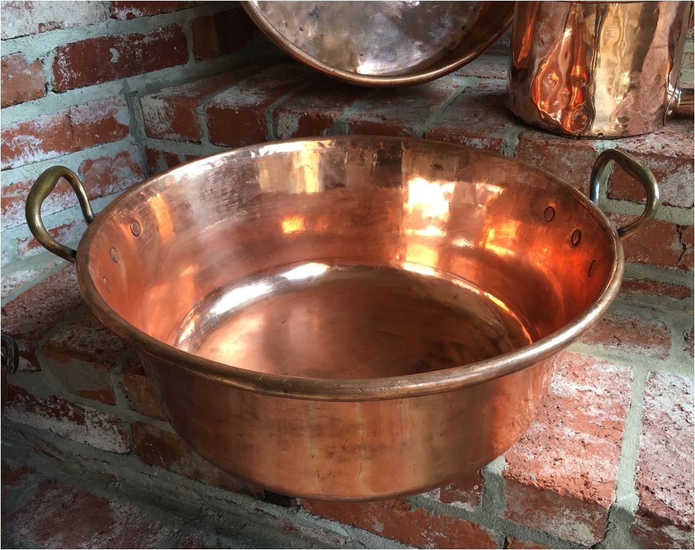 large antique english copper pot vessel jam pan brass handle farm kitchen table frenchcountryprovincial