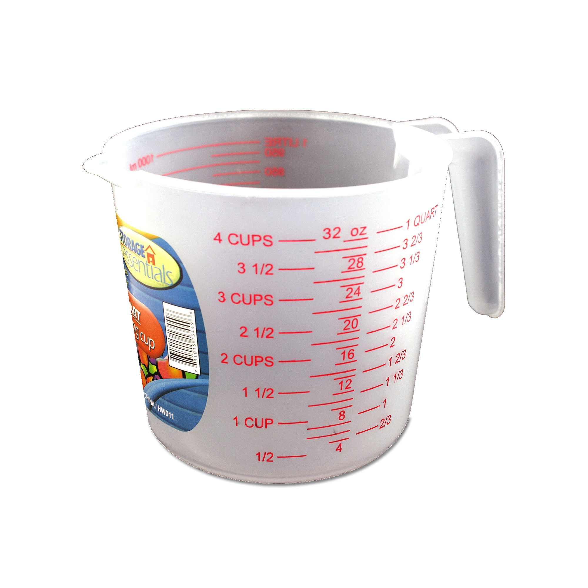 a kitchen essential this one quart measuring cup is both dishwasher and microwave safe features four different measurement styles and can hold 1 litre