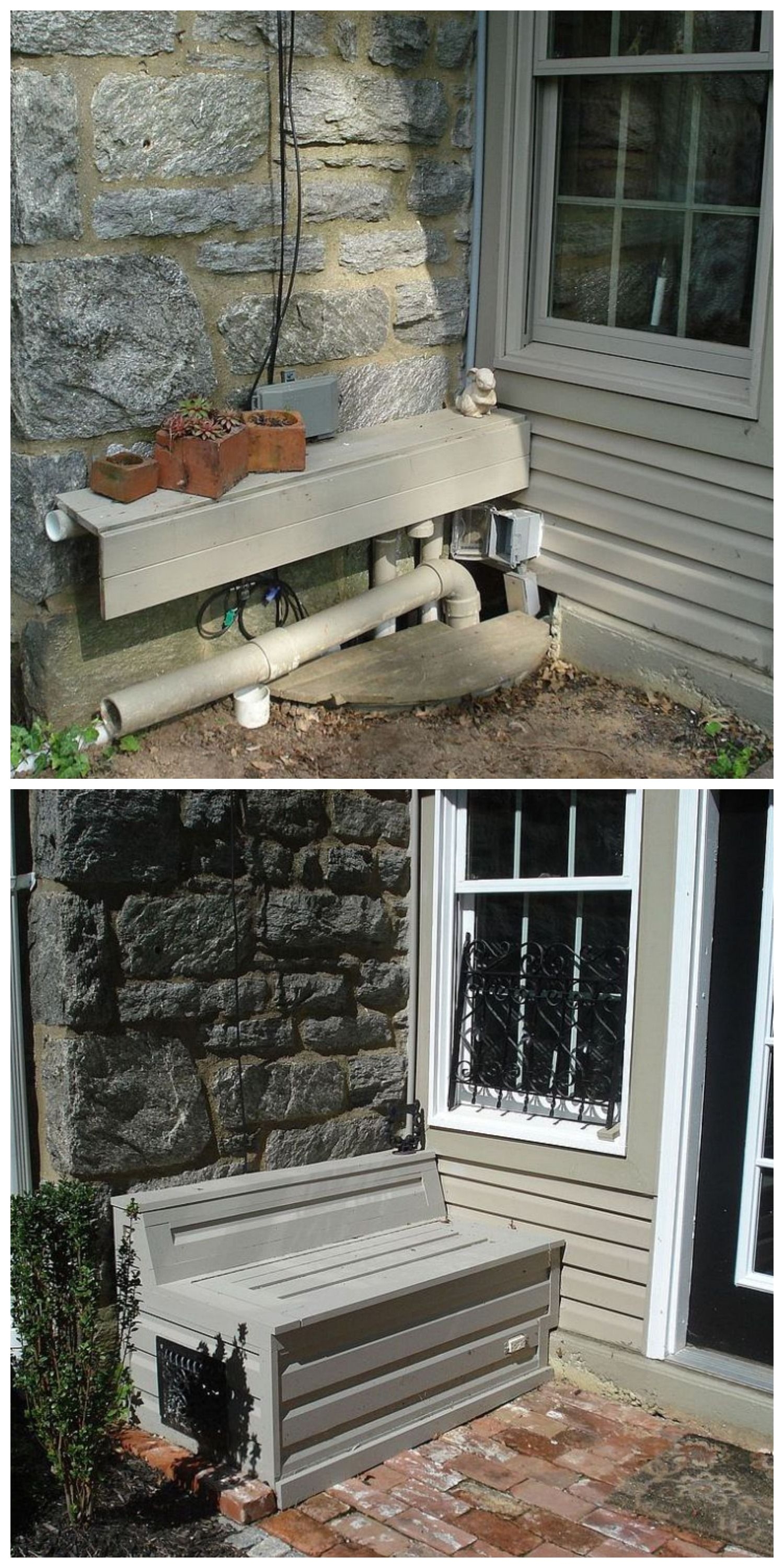 a clever way to cover up ugly pipe wires build a bench adds to curbappeal too