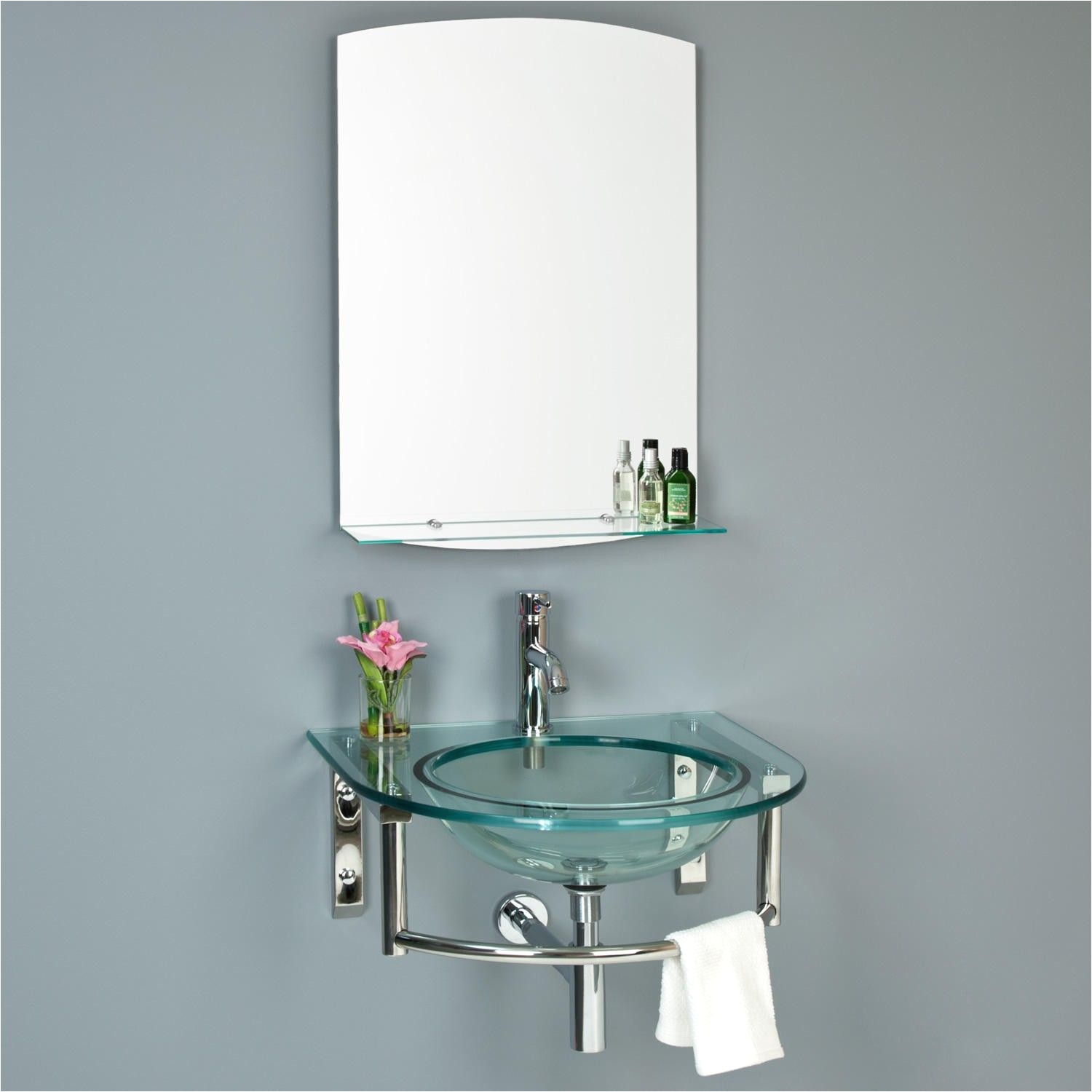 lowry wall mount glass sink with mirror and shelf