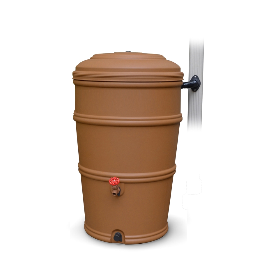 earthminded 50 gallon terracotta color plastic rain barrel with diverter and spigot