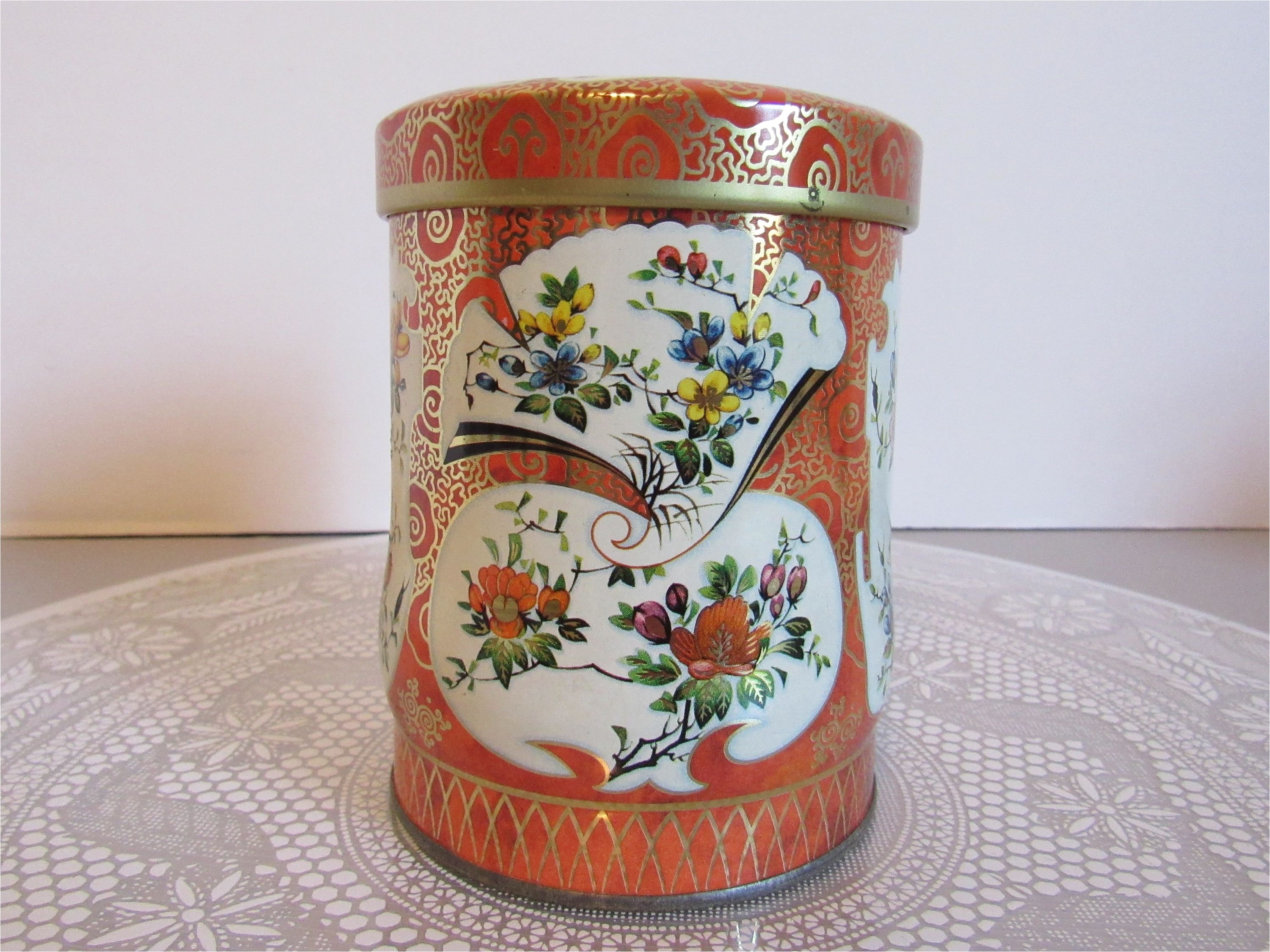 vintage daher tin orange asian floral metal tin vintage decorative tea storage tin container canister decor