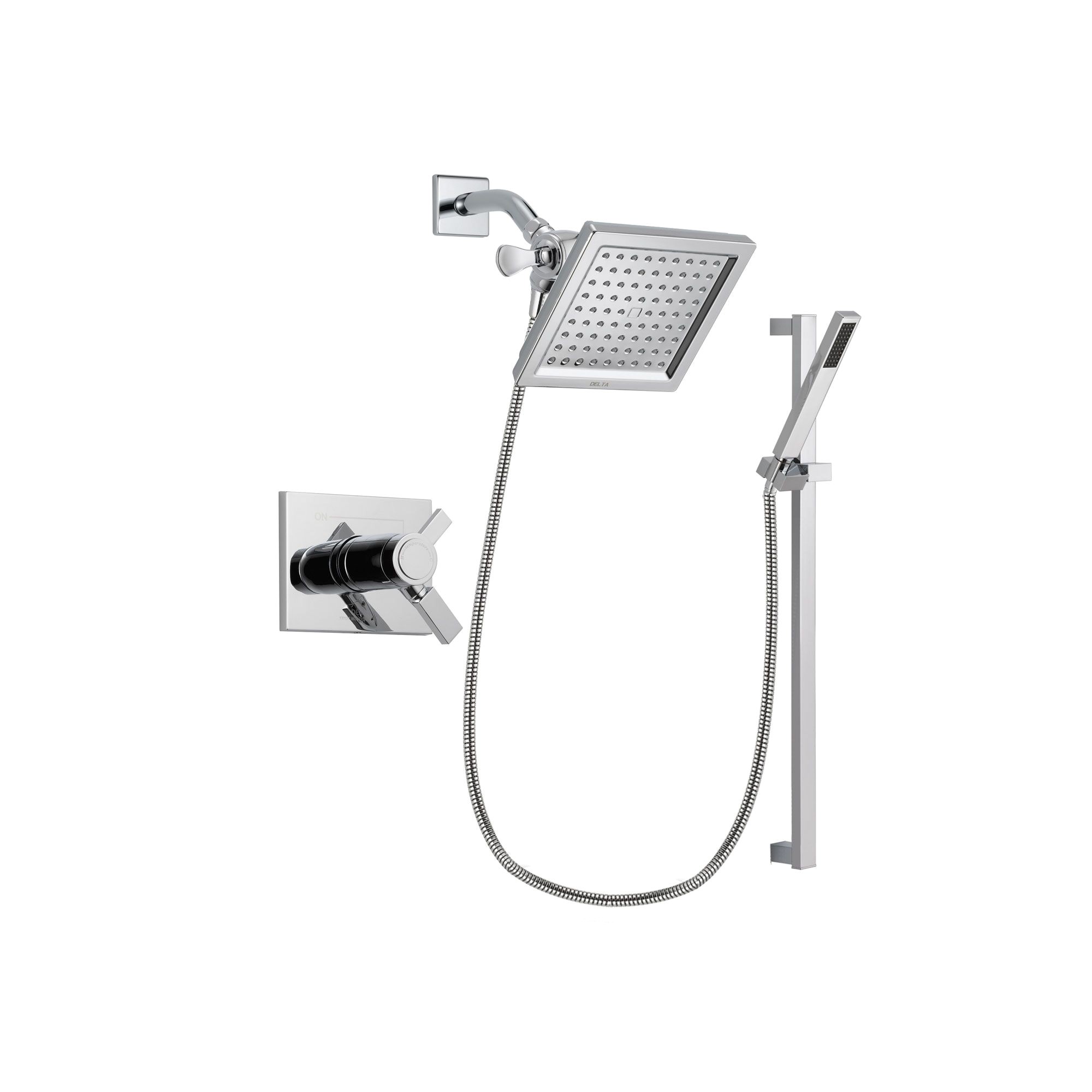 delta vero chrome finish thermostatic shower faucet system package with 6 5 inch square rain showerhead and modern square wall mount slide bar with handheld