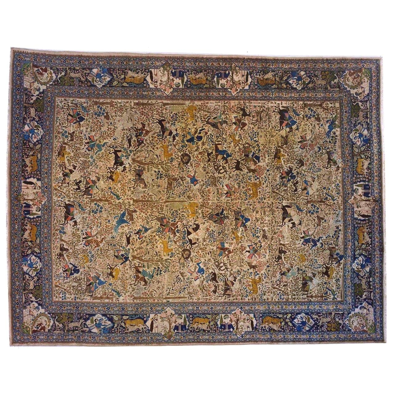 antique persian tabriz animal carpet in large size with intricate hunting scenes for sale