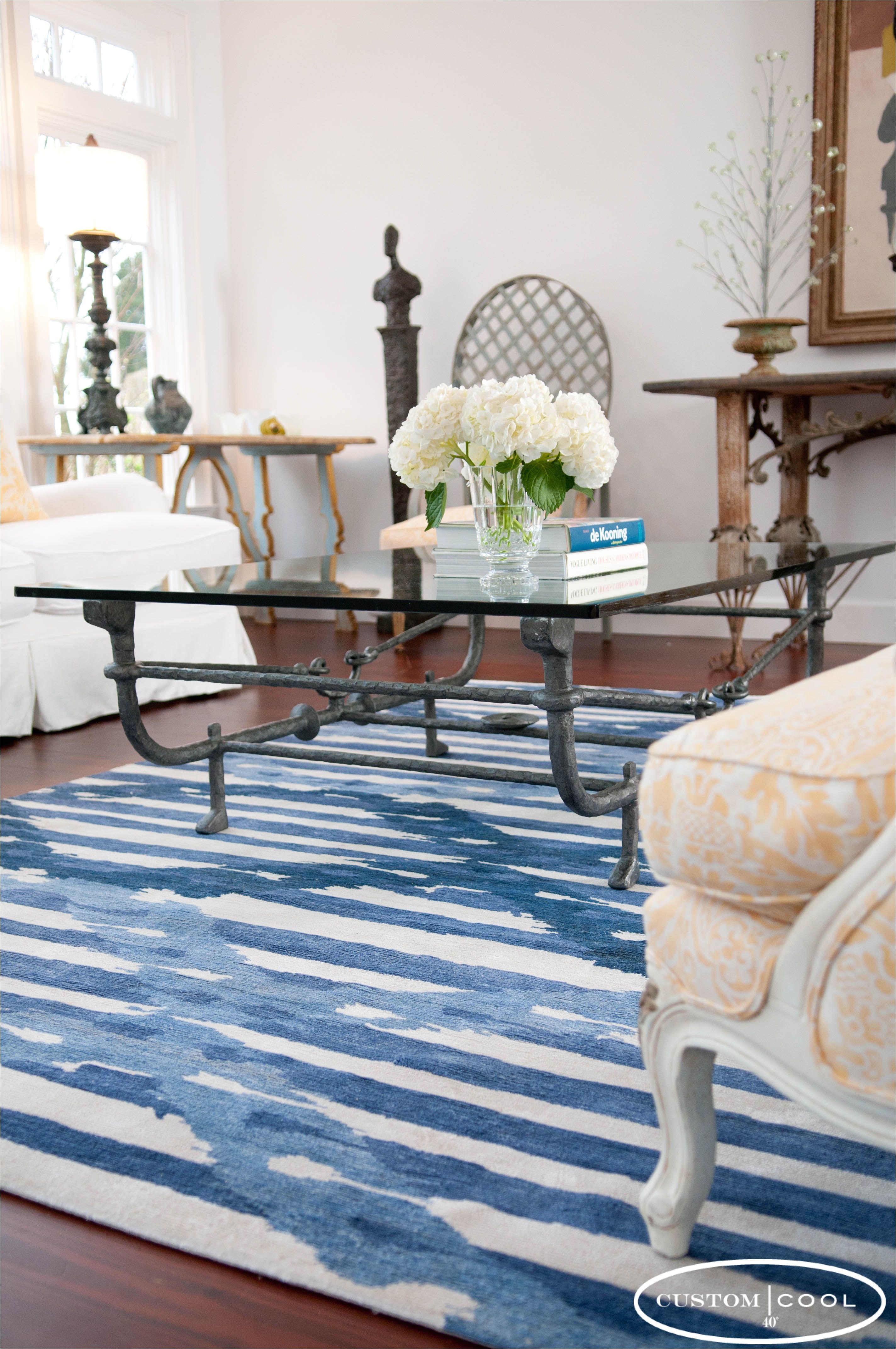 custom cool ikat stripe rug blue