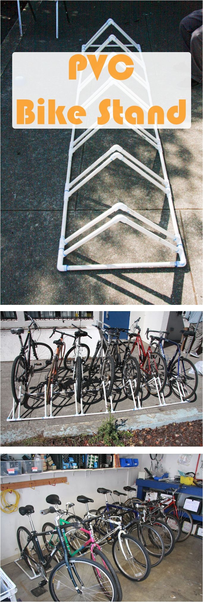 make a bike rack that holds 7 bikes using some pvc piping