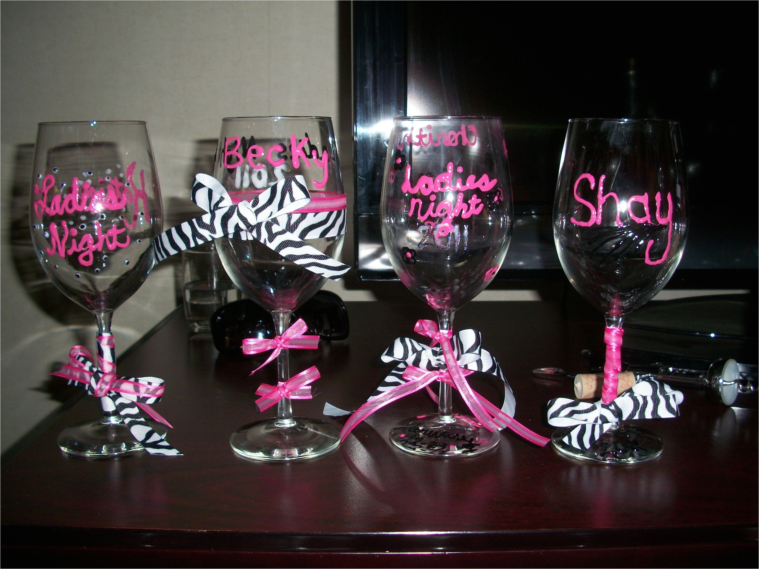 girls night decorate your own wine glass glass paint ribbon hot glue who doesn t love craft time