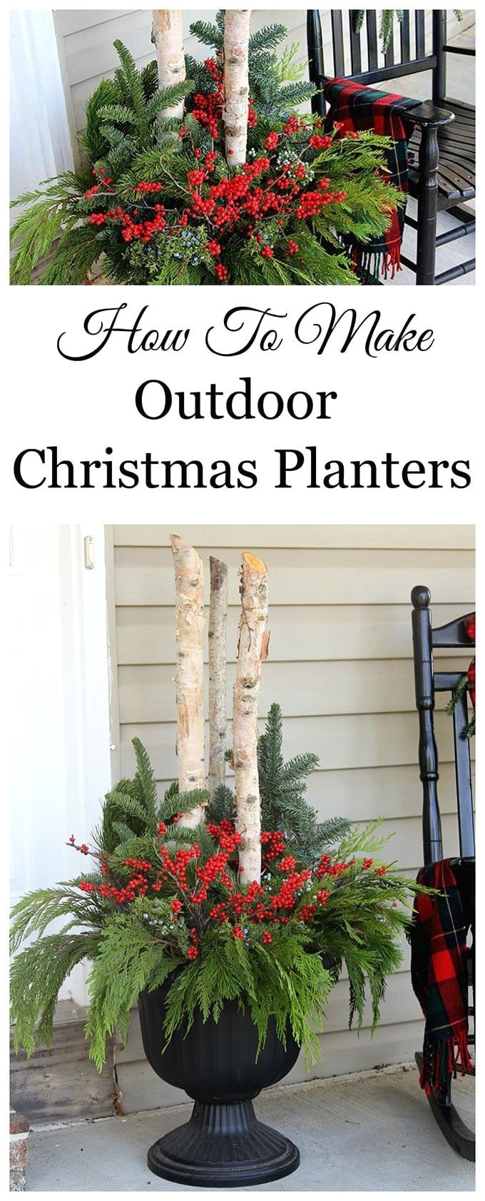 learn how to make these beautiful outdoor christmas planters made with birch branches and winterberry