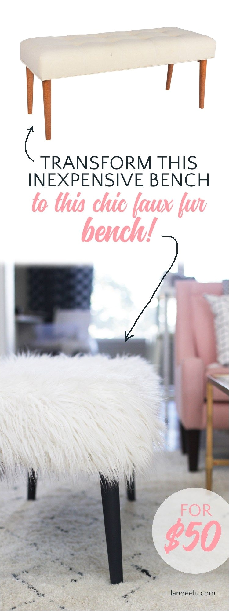 easily transform an inexpensive upholstered bench into a chic faux fur bench with this diy bench tutorial