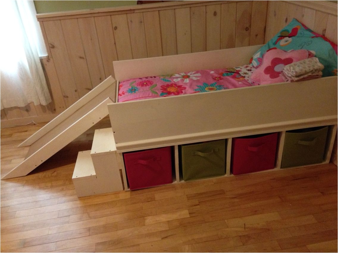 diy toddler bed with small slide and toy storage