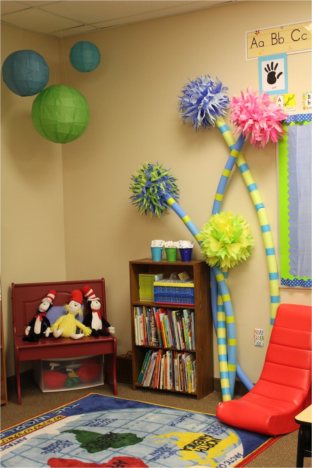 a dr seuss classroom complete with truffula trees made from pool noodles these would be great for a birthday party as well