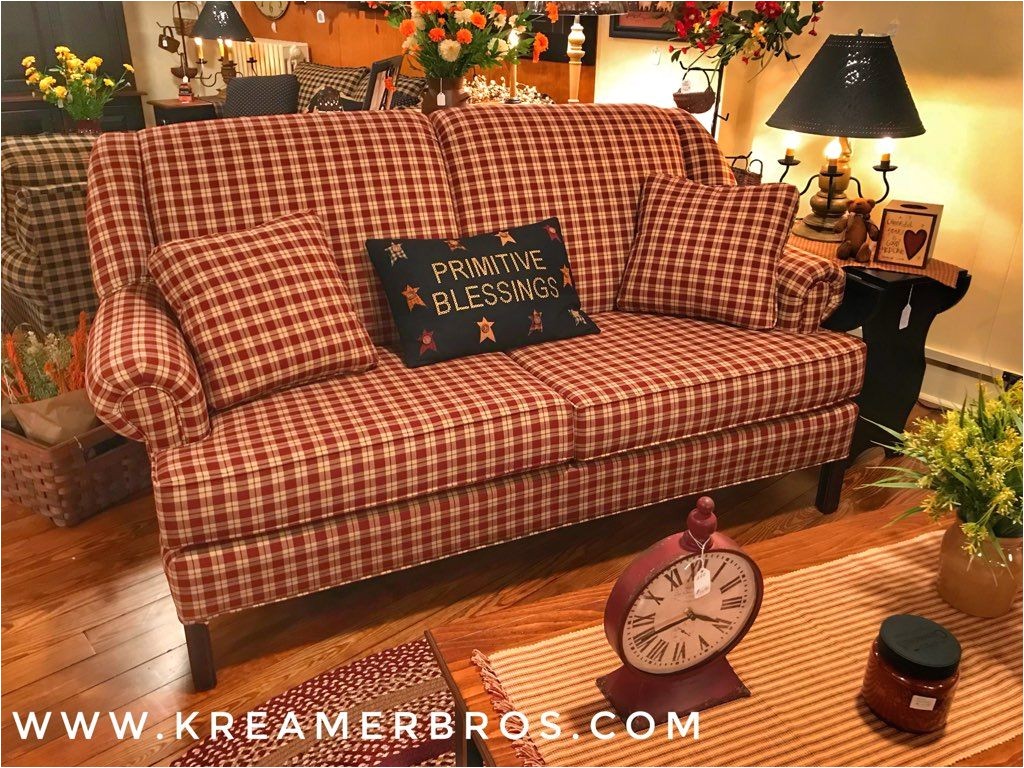Early American Plaid sofas High Back Country sofa In Red Plaid Fabric with Chippendale Legs