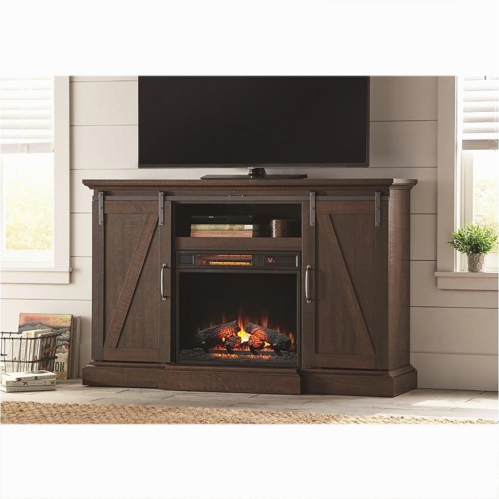 tv stand electric fireplace with sliding barn door in rustic brown