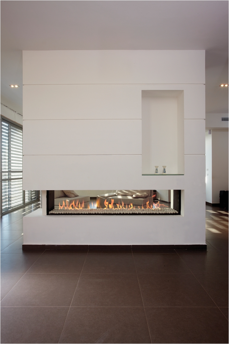 inspiring white double sided gas fireplace room divider design with vertical wall insert storage decoration idea
