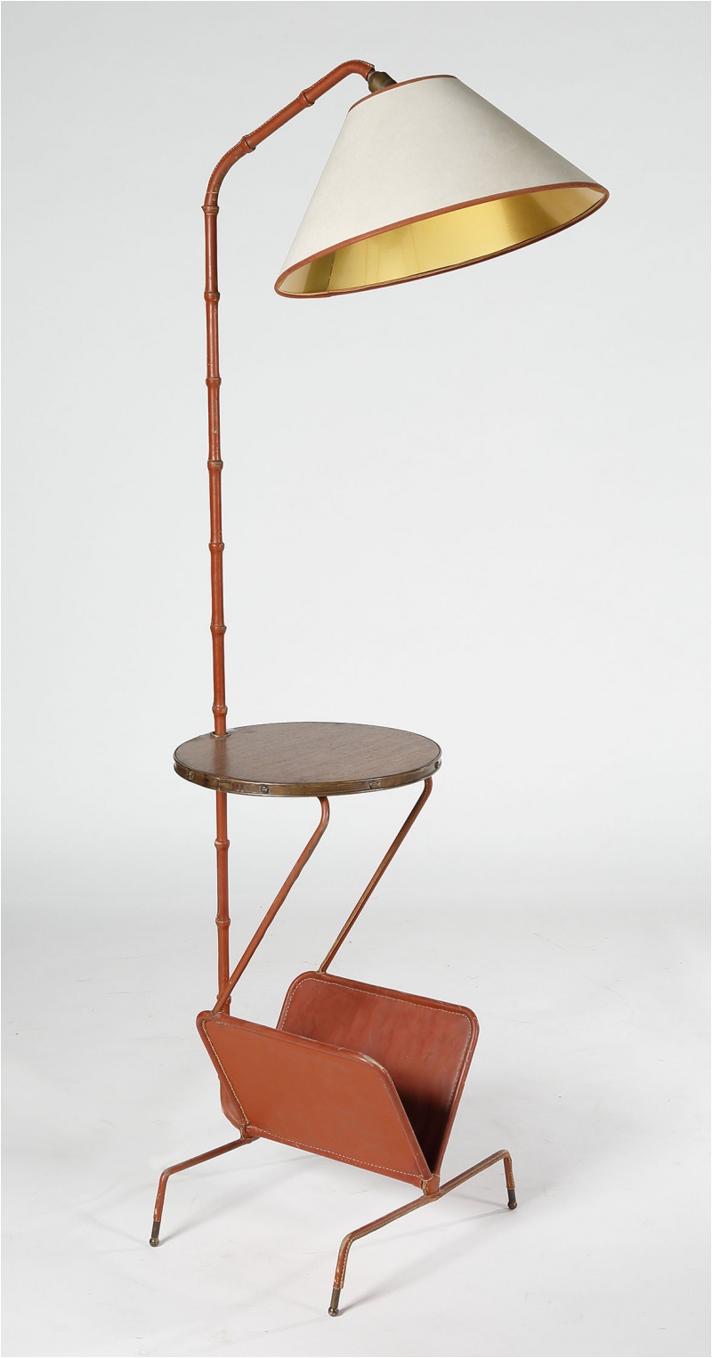 jacques adnet leather over wood brass and wood floor lamp with integrated table and magazine rack 1950s