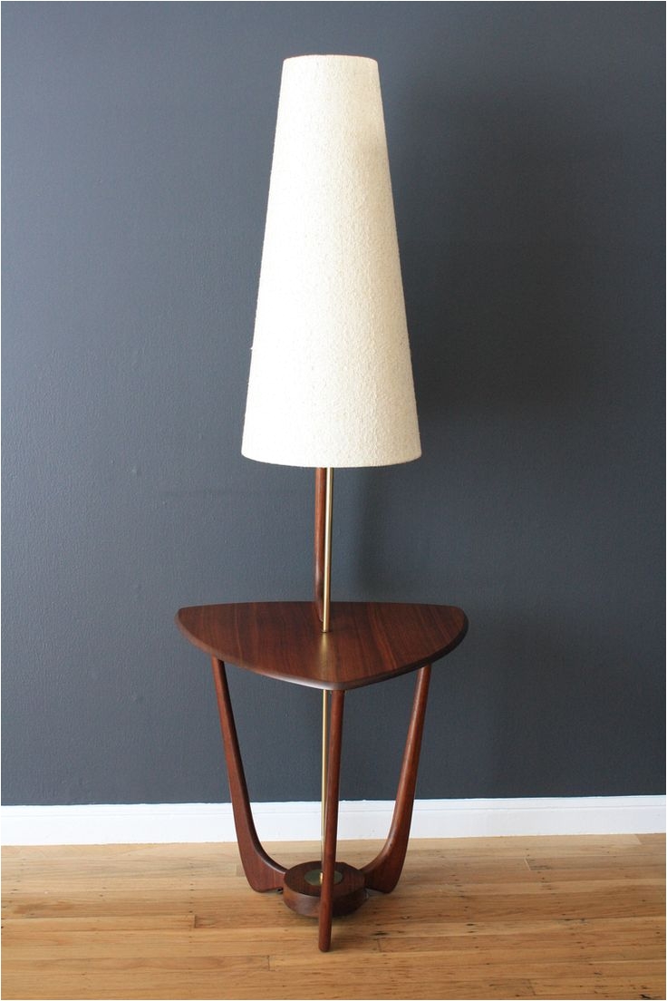 mid century modern walnut floor lamp with side table