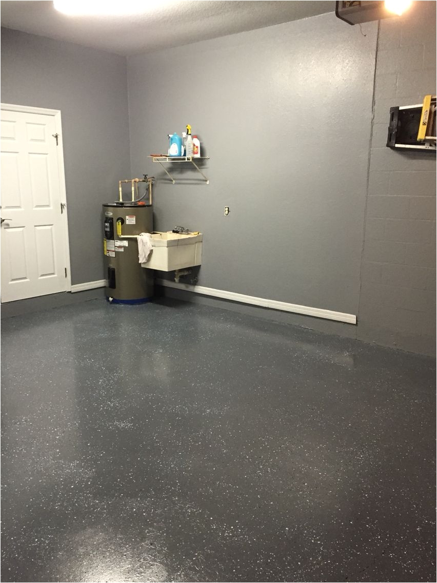 gray painted walls with charcoal epoxy speckled floor