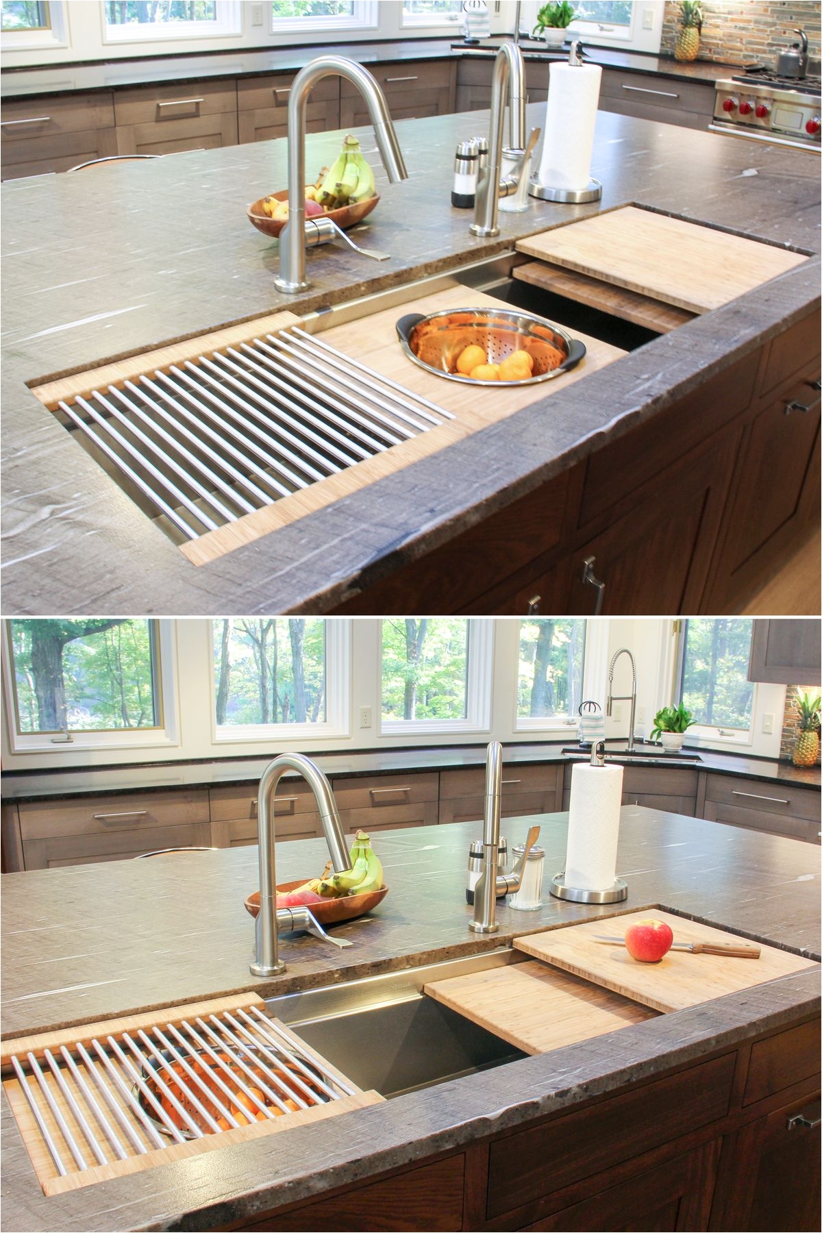 kitchen island sink with cutting boards colander and dish drying rack custom cabinetry by bremtown cabinetry galleysink